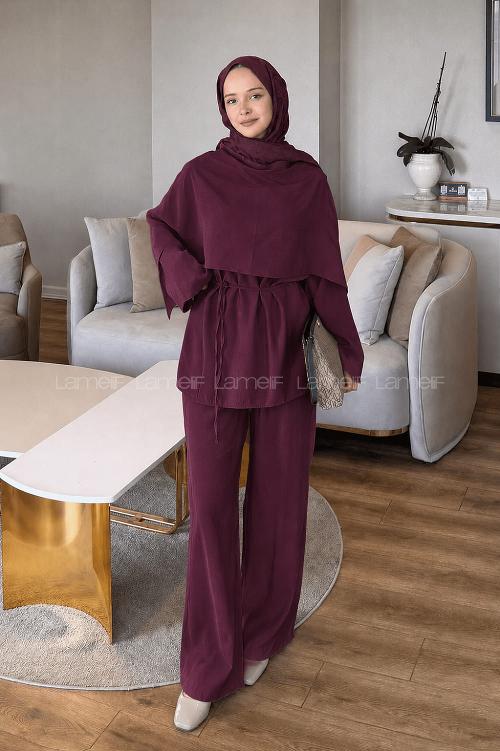 Lamelif Şallı Pantolon Takım Bordo