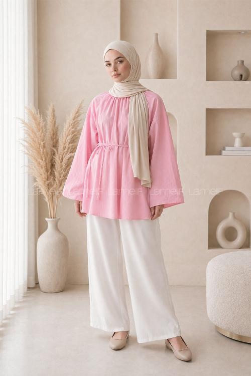 Lamelif Geniş Kol Dik Yaka Oversize Tunik Pembe