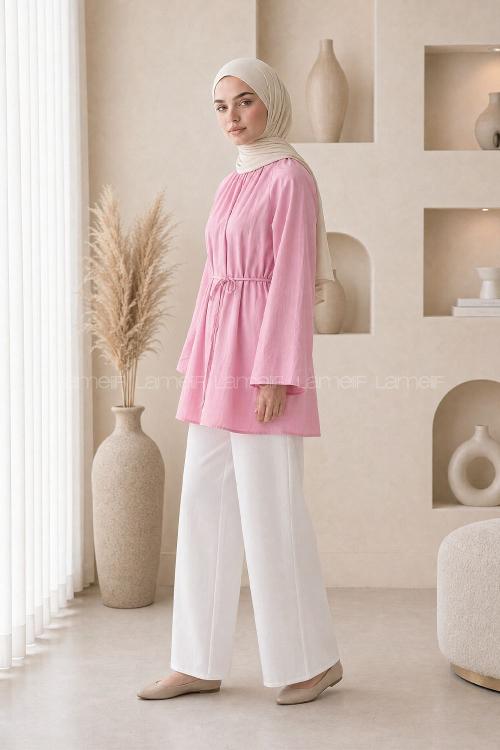 Lamelif Geniş Kol Dik Yaka Oversize Tunik Pembe