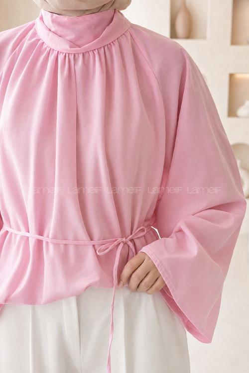 Lamelif Geniş Kol Dik Yaka Oversize Tunik Pembe