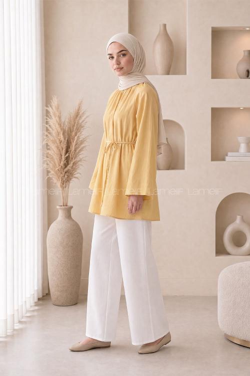 Lamelif Geniş Kol Dik Yaka Oversize Tunik Soft Sarı