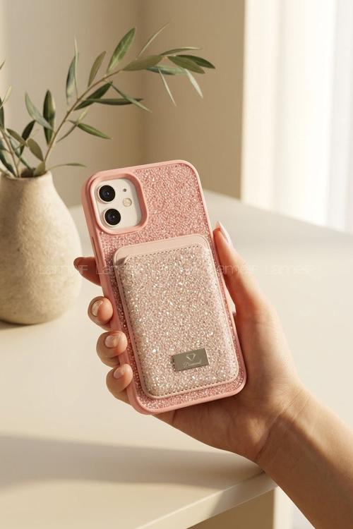 Lamelif iPhone 11 Swarovski Taşlı Mıknatıs Cüzdanlı Macsafe Kılıf