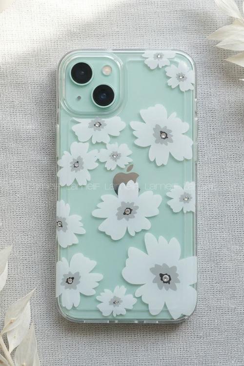 Lamelif iPhone 11 Beyaz Çiçekli Taşlı Telefon Kılıfı