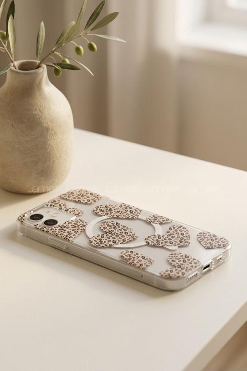 Lamelif iPhone 11 Leopar Desenli Kalp Güçlü Magsafeli Telefon Kılıfı