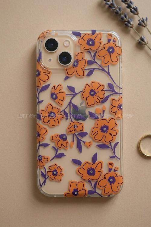 Lamelif iPhone 11 Turuncu Çiçekli Taşlı Telefon Kılıfı
