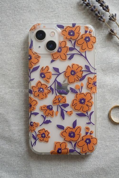 Lamelif iPhone 11 Turuncu Çiçekli Taşlı Telefon Kılıfı