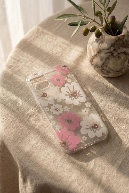 Lamelif iPhone 11 Pembe Çiçekli Taşlı Telefon Kılıfı