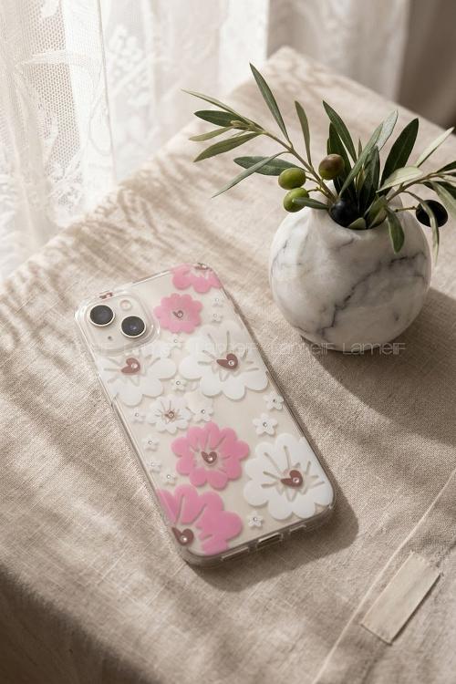 Lamelif iPhone 13/14 Pembe Çiçekli Taşlı Telefon Kılıfı