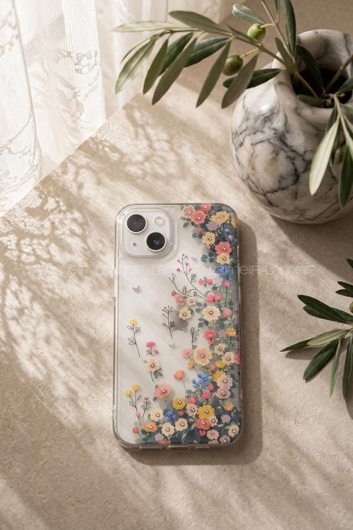 Lamelif iPhone 13/14 Yeşil Çiçekli Taşlı Telefon Kılıfı