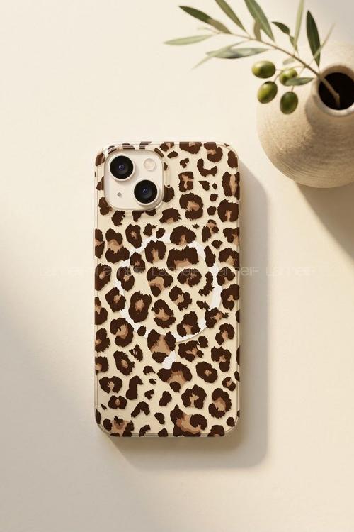 Lamelif iPhone 15 Leopar Desenli Güçlü Magsafeli Telefon Kılıfı
