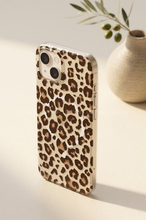 Lamelif iPhone 15 Leopar Desenli Güçlü Magsafeli Telefon Kılıfı