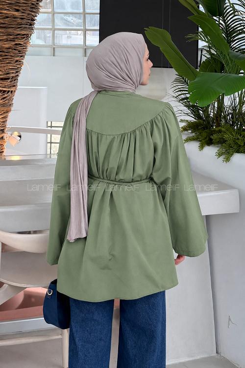Lamelif Bağlama Detaylı Tesettür Gömlek Yeşil
