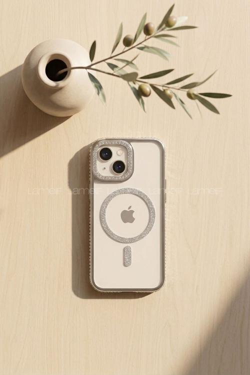 Lamelif iPhone 15 Standlı Simli Premium Telefon Kılıfı