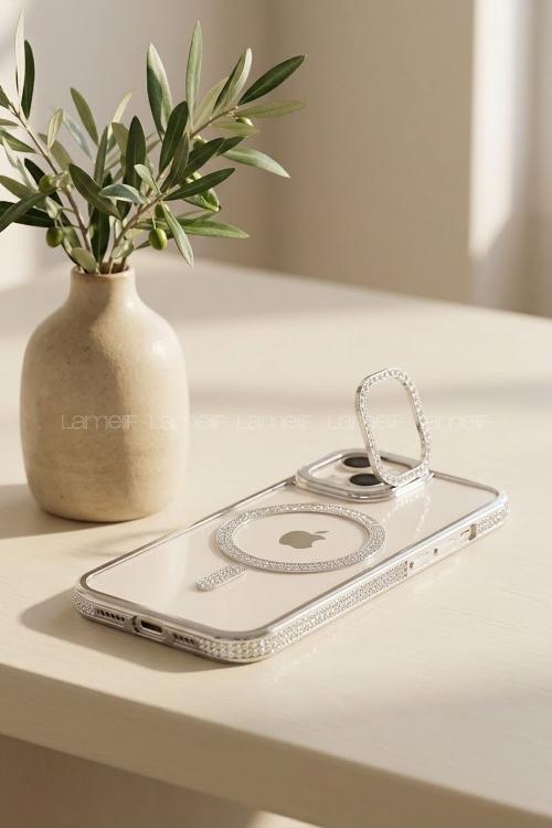 Lamelif iPhone 15 Standlı Simli Premium Telefon Kılıfı