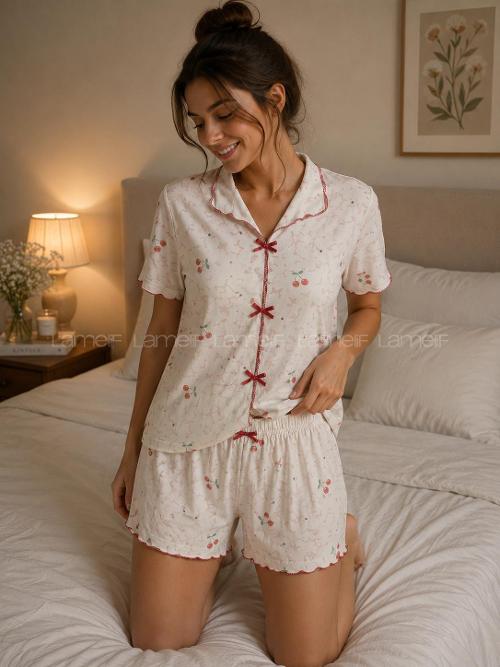 Lamelif Kadın Kiraz Desenli Milan Kumaş Kısa Kollu Özel Yaka Şortlu Kadın Pijama Takımı