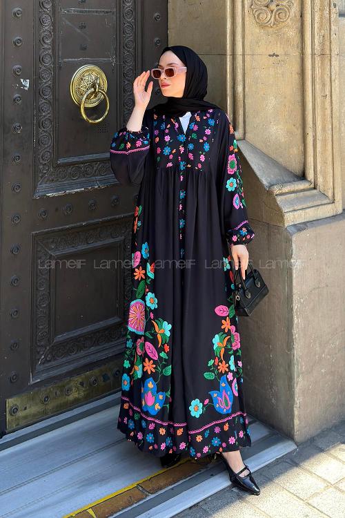 Lamelif Çiçek Detaylı Elbise Siyah