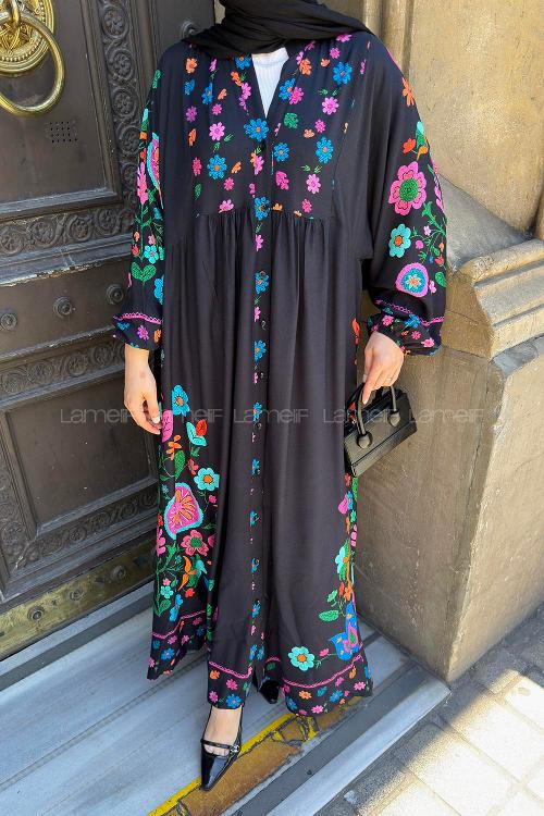 Lamelif Çiçek Detaylı Elbise Siyah