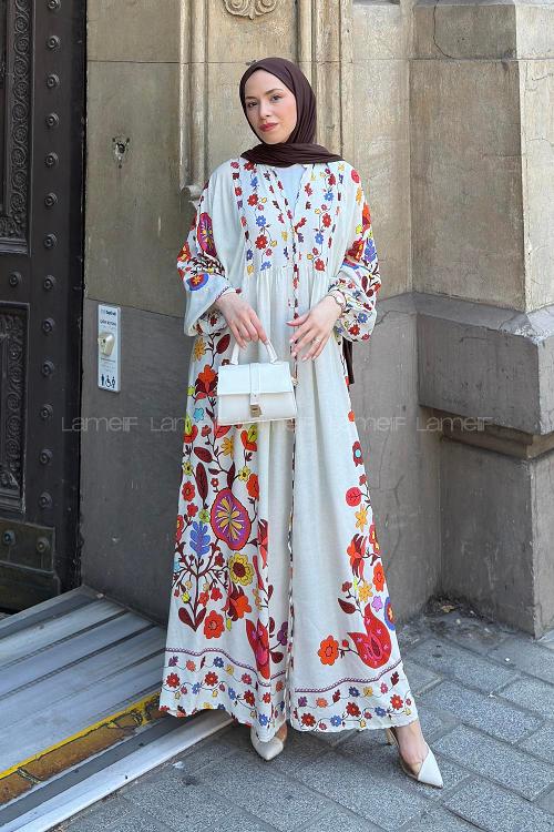 Lamelif Çiçek Detaylı Elbise Taş Rengi