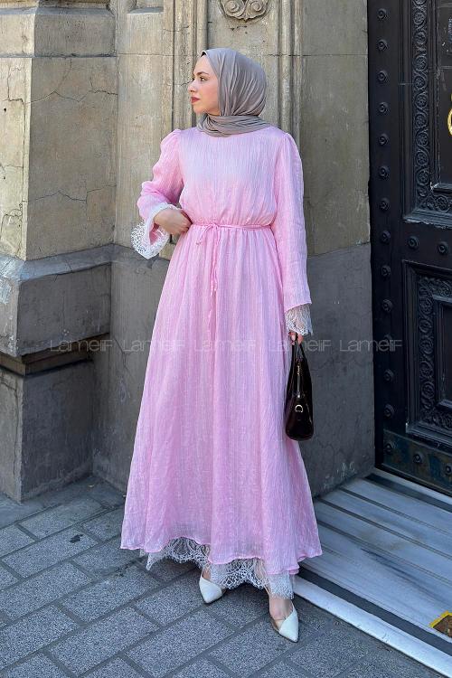 Lamelif Dantel Detaylı Matteo Elbise Pembe