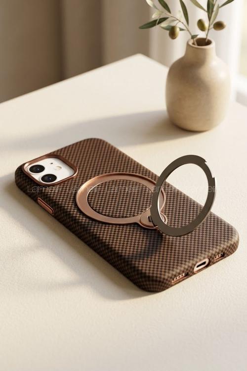 Lamelif iPhone 11 Elite Carbon 360 Dönebilen Standlı Magsafe Telefon Kılıfı