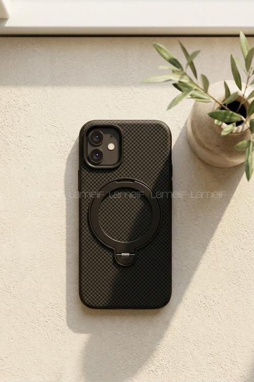 Lamelif iPhone 11 Elite Carbon 360 Dönebilen Standlı Magsafe Telefon Kılıfı