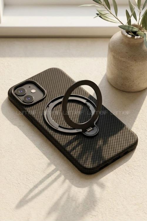 Lamelif iPhone 11 Elite Carbon 360 Dönebilen Standlı Magsafe Telefon Kılıfı
