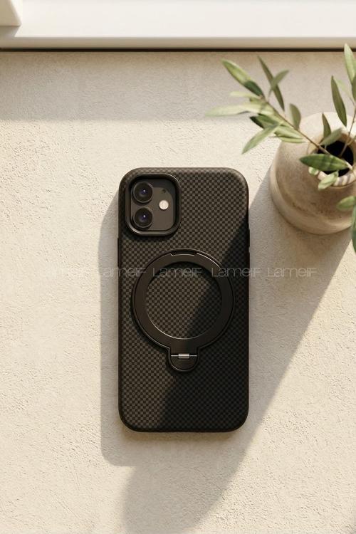Lamelif iPhone 11 Elite Carbon 360 Dönebilen Standlı Magsafe Telefon Kılıfı