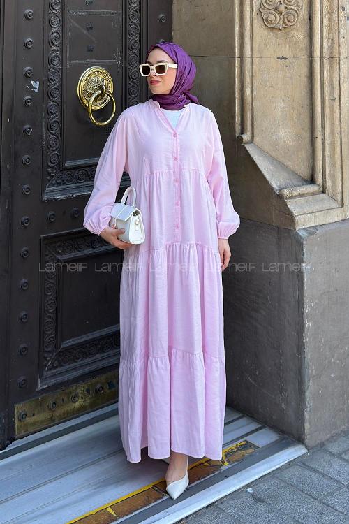 Lamelif Kat Detaylı Tensel Tesettür Elbise Pembe