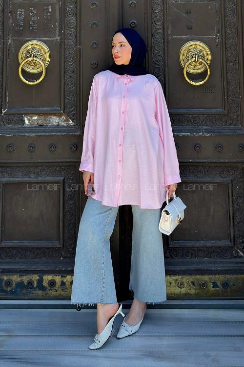 Pink Shirt Collar Long Arm Poplin Fabric Shirt