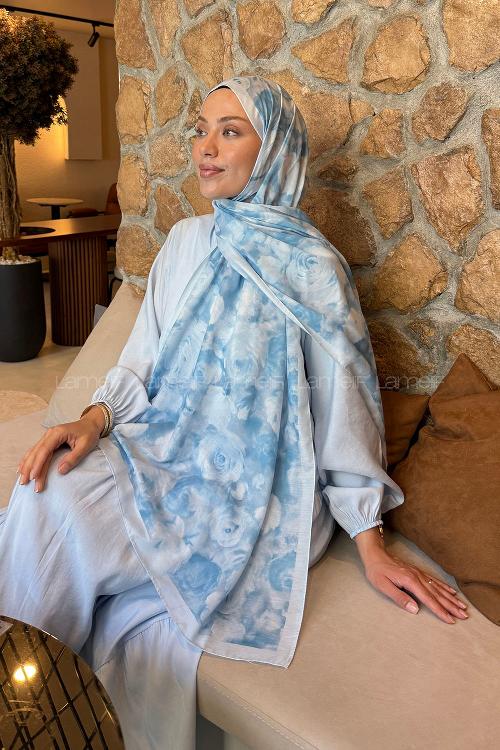 Lamelif  Botanik Çiçek Desen Lara Soft Şal Bebe Mavisi
