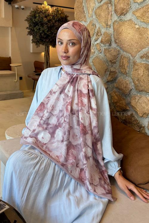 Lamelif  Botanik Çiçek Desen Lara Soft Şal Gül Kurusu