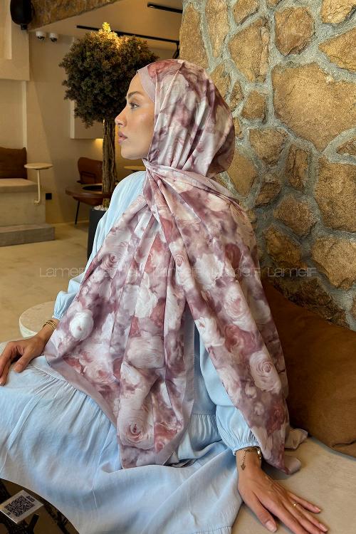 Lamelif  Botanik Çiçek Desen Lara Soft Şal Gül Kurusu