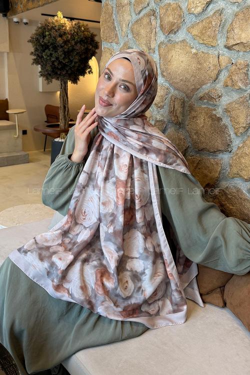 Lamelif  Botanik Çiçek Desen Lara Soft Şal Vizon