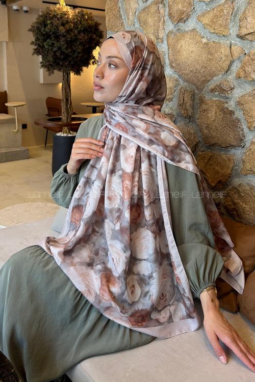 Lamelif  Botanik Çiçek Desen Lara Soft Şal Vizon