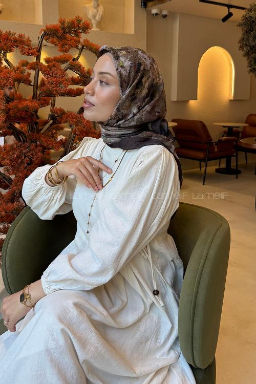 Lamelif Çiçek Desen Bambu Eşarp Acı Kahve