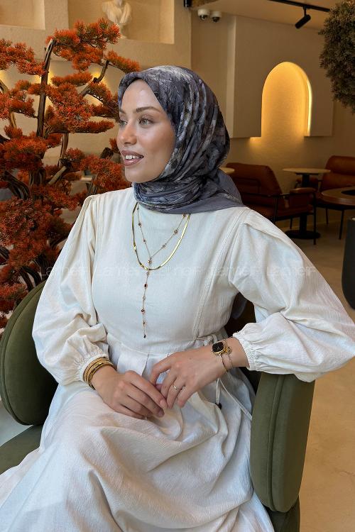 Lamelif Çiçek Desen Bambu Eşarp Füme