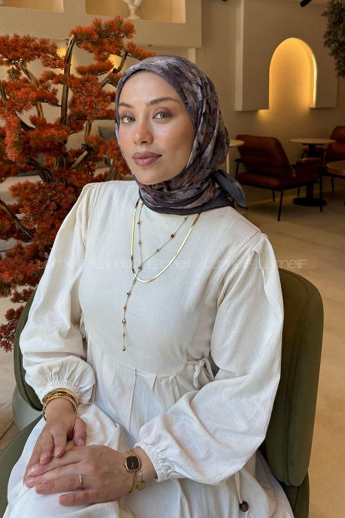 Lamelif Çiçek Desen Bambu Eşarp Gri Siyah
