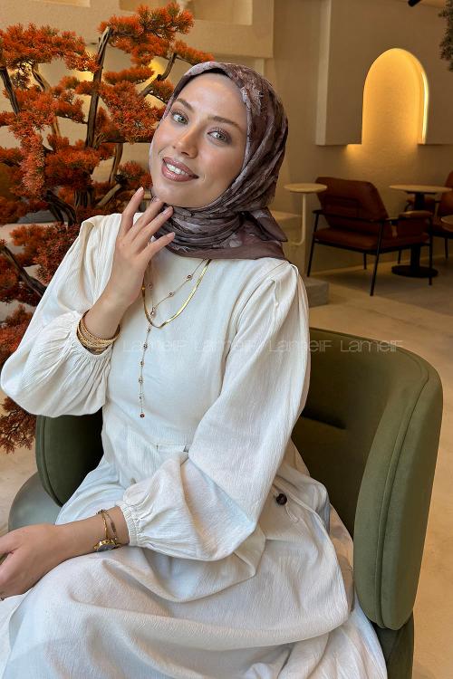 Lamelif Çiçek Desen Bambu Eşarp Sütlü Kahve