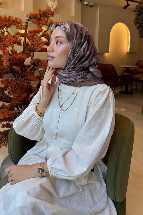Lamelif Çiçek Desen Bambu Eşarp Sütlü Kahve