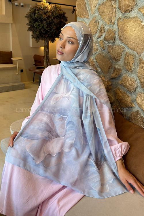 Lamelif Çiçek Desen Lara Soft Şal Bebe Mavisi