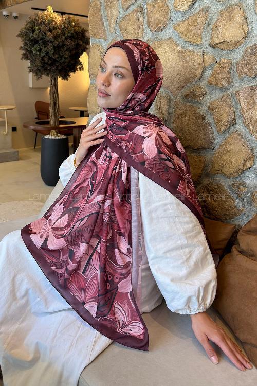 Lamelif Çiçek Desen Lara Soft Şal Bordo
