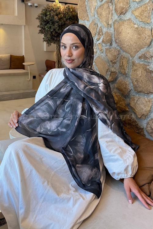 Lamelif Çiçek Desen Lara Soft Şal Siyah