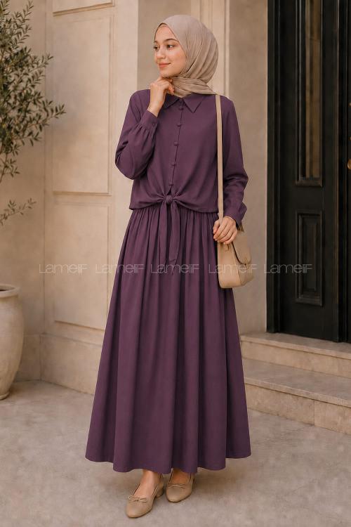Plum Shirt Collar Long Arm Mira Fabric Flared Skirt Suit