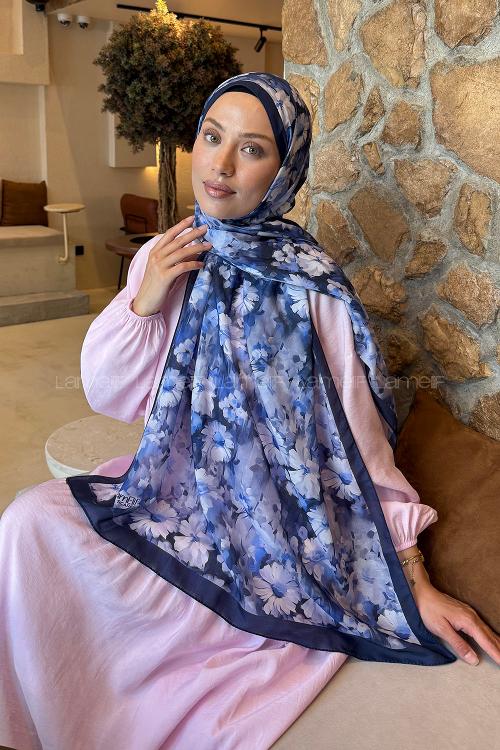 Lamelif Papatya Desen Lara Soft Şal Lacivert