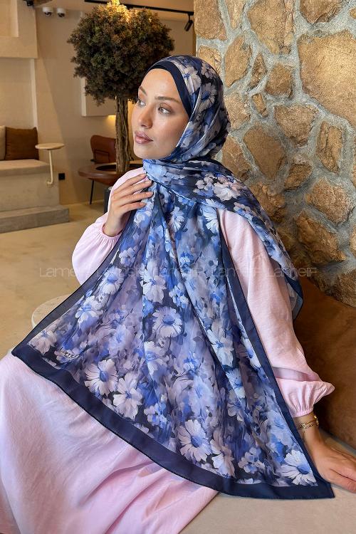 Lamelif Papatya Desen Lara Soft Şal Lacivert