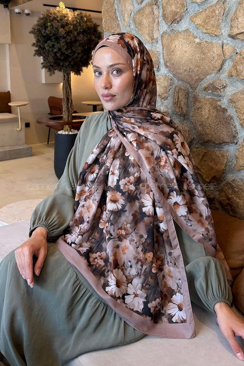 Lamelif Papatya Desen Lara Soft Şal Sütlü Kahve
