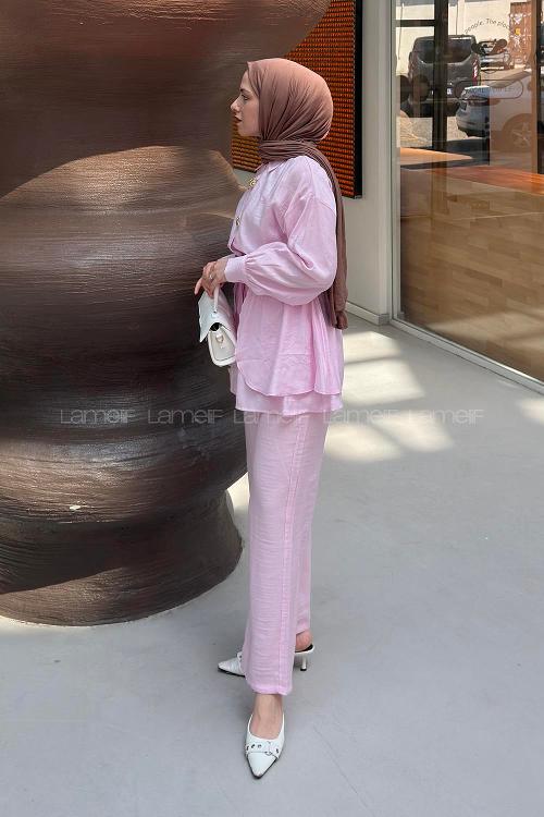 Lamelif Charm Düğme Kapamalı Pantolon Takım Pembe