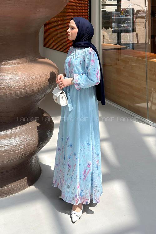 Lamelif Çiçek Baskılı Bağlama Detaylı Tesettür Elbise Bebe Mavisi