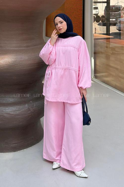 Pink Crew Neck Long Arm Cotton Regular Trousers Comfortable Suit