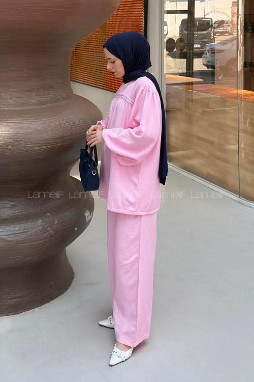 Pink Crew Neck Long Arm Cotton Regular Trousers Comfortable Suit